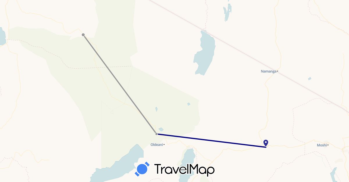 TravelMap itinerary: driving, plane in Spain, Tanzania (Africa, Europe)